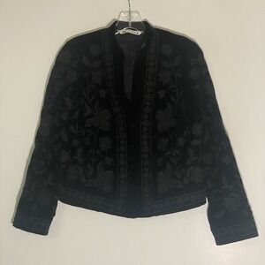 Zara Jacket Womens XS Black Velvet Embroidered Boho Art To Wear Holiday Elegant